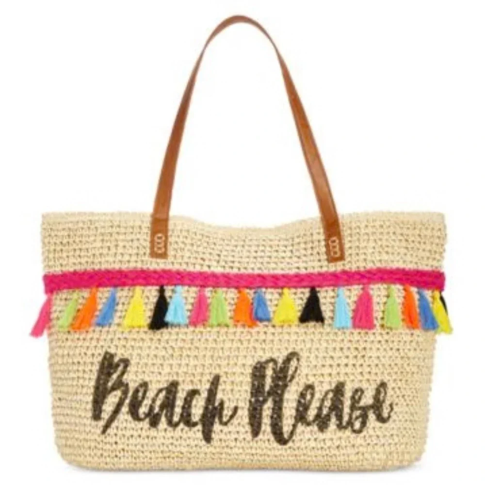 INC‎ International Concepts Arriana Beach Please Tote Tassel Straw Tan Large